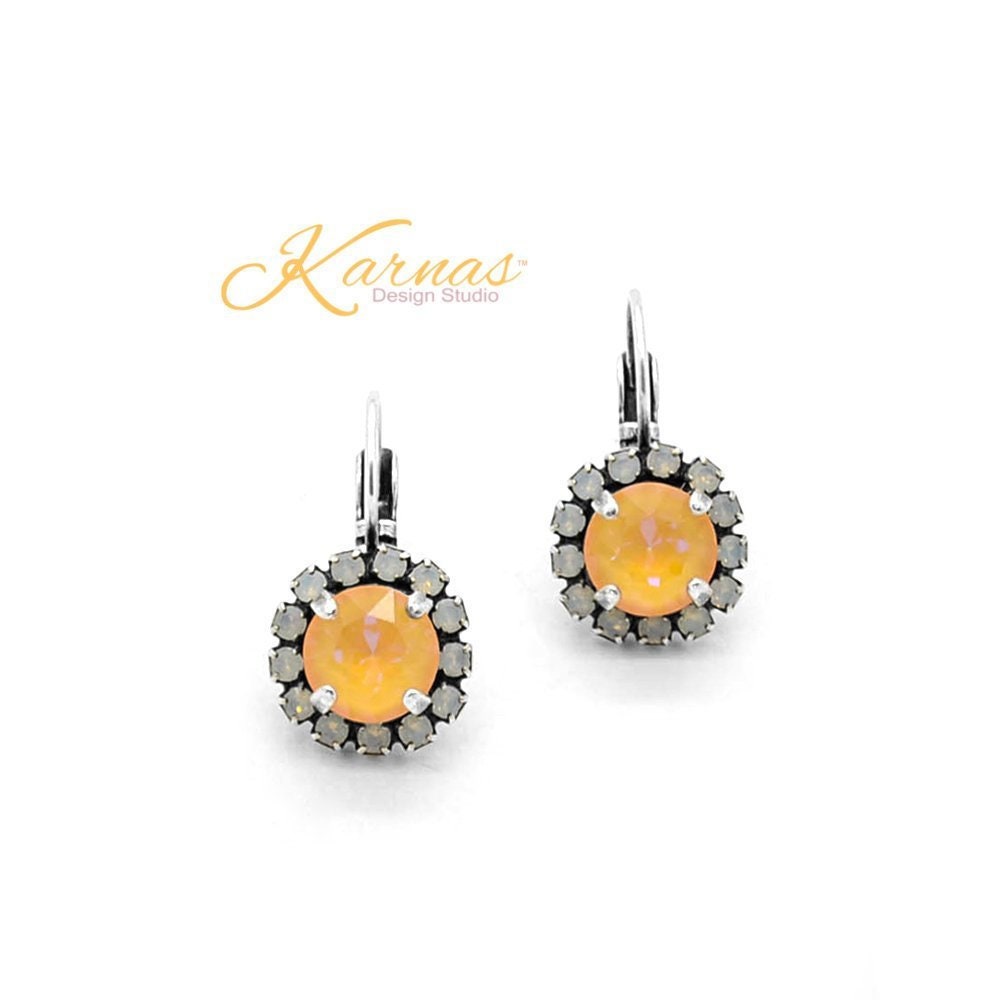 Peaches & Cream 8mm White Opal Halo Drop Earrings K.d.s. Premium Crystal Antique Silver Karnas Design Studio Free Shipping