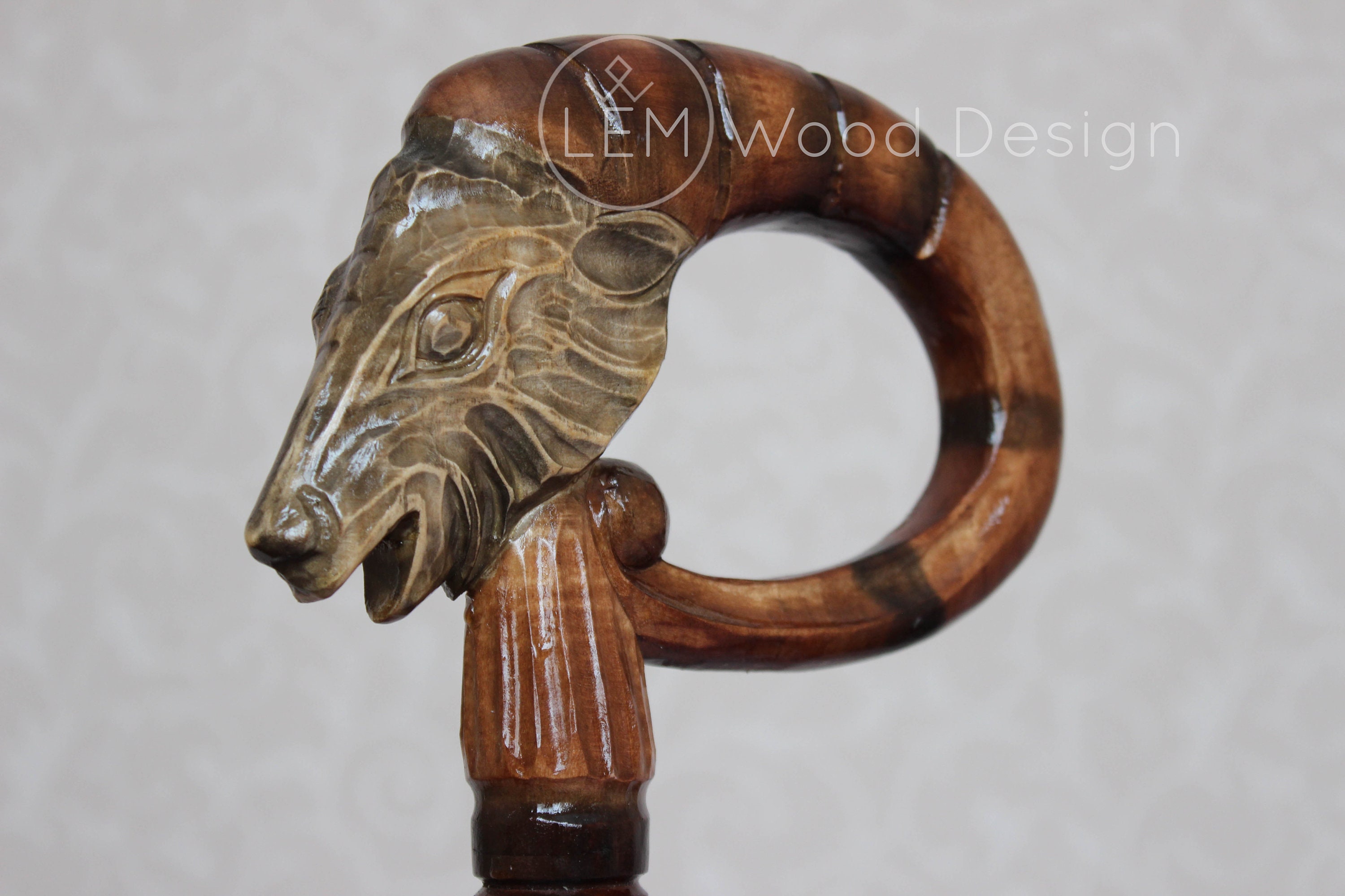 Hand Carved Walking Cane Wooden Ram Open Carved Handle Wood Craft Staff Hiking Stick Walking From Ukraine Gift Canes & Sticks