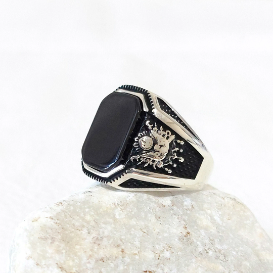 925 Sterling Silver Men Handmade Ring With Gemstone, Ottoman Coat Of Arms Ring, Empire Black Onyx Gift For Him