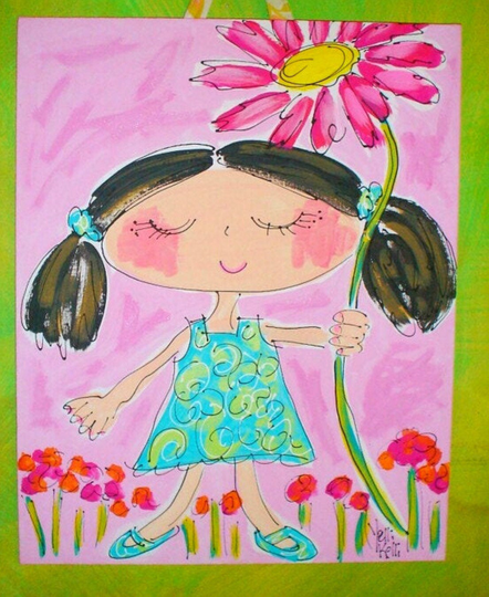 Pigtails & Pink Posies Original Canvas Painting Made To Order Custom Hair Color Yellikelli