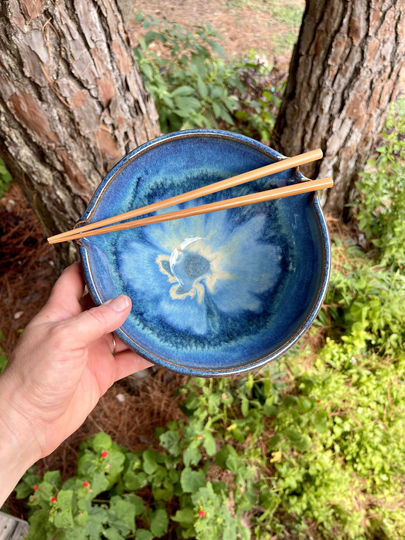 Rice Or Noodle Bowl With Wooden Chopsticks in Abyss Glaze. Wheel Thrown Stoneware Pottery. Built Chopstick Rest. Sold Individually