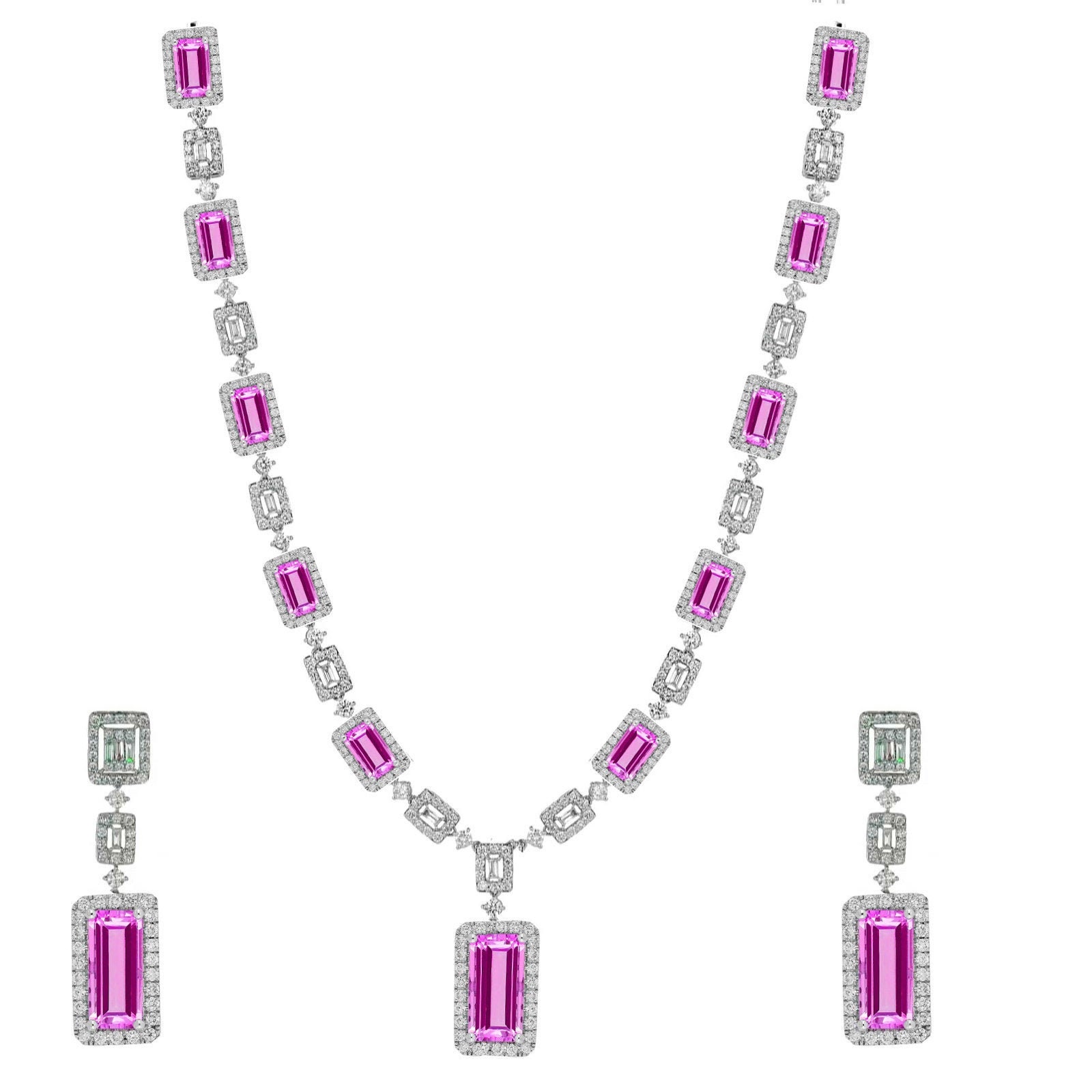 Emerald Cut Pink Ruby Necklace Set, & Diamond Earrings Set in Sterling Silver, Wedding Bridel Jewelry
