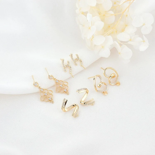 4 14K Gf Floral Earring Studs Rhinestone Embellished Half Drilled Bead Blank Looped Earing Wire Component Jewelry Finding