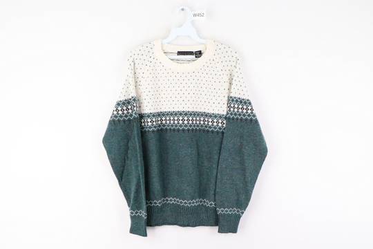 80S Rockabilly Mens Large Wool Blend Fair Isle Print Crewneck Sweater