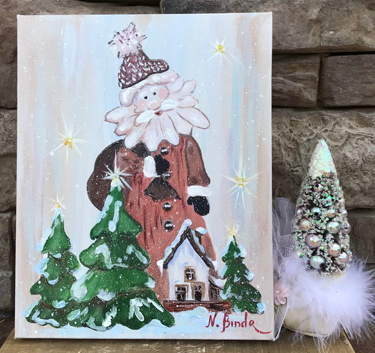 Christmas Village Painting Santa Original Art Snowy Holidays Pine Trees & Cottage Artwork Oil Landscape 8 By 10 Artbynadiaus
