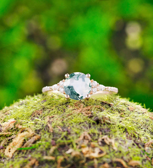 Round Moss Agate Engagement Ring Unique Vintage Diamond Moissanite Anniversary Gift For Her Rose Gold