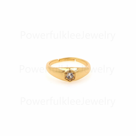 18K Gold Filled Dainty Signet Ring, Cz Micro Pave Hexagon Ring, Gold Open Ring, Adjustable Ring, Gift For Her