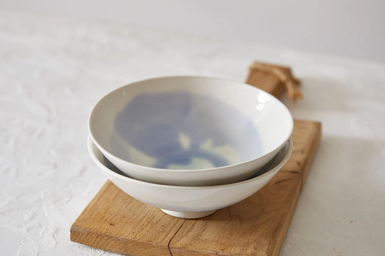 2 Large Footed Handmade Soup Bowls, Set Of Two White & Turquoise Ceramic Ramen Pottery Unique Dinner Serving Bowl, Wedding Gift