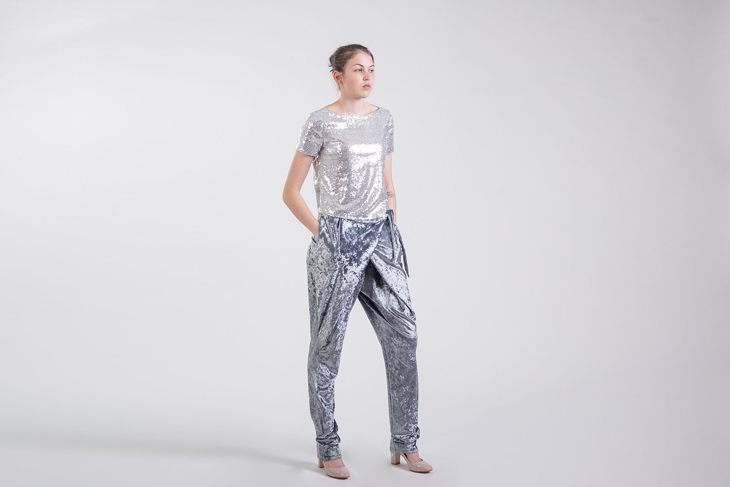 Gray Velvet Pants Women Formal Loose Wrap Harem Style Elegant Evening Clothing - Available in 10 Colors
