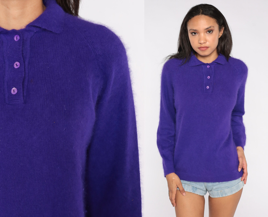 Purple Collared Sweater 80S Knit Angora Blend Fuzzy Soft Pullover Button Up Polo Henley 1980S Vintage Knitwear Large L