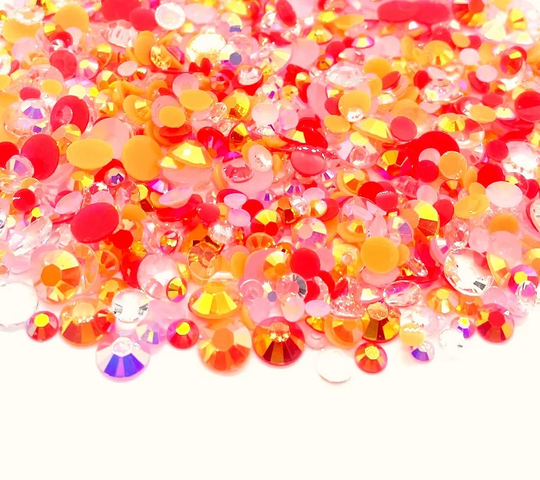 Pink Grapefruit Blend Rhinestone Mix 3/4/5/6mm Flatback Jelly Resin Rhinestones Mixed Sizes, | Red Orange Clear