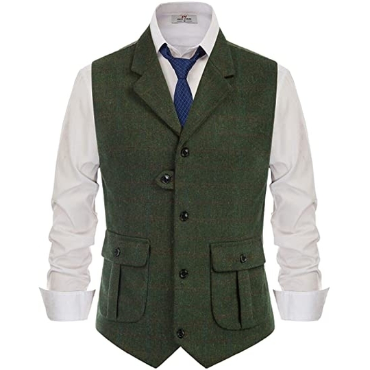 Mens Suit Vest Lapel Striped /Latticed Wool Tweed Blended Herringbone Silm Fit For Formal Casual Men's Vest Clothing 2021 - army green, 5xl