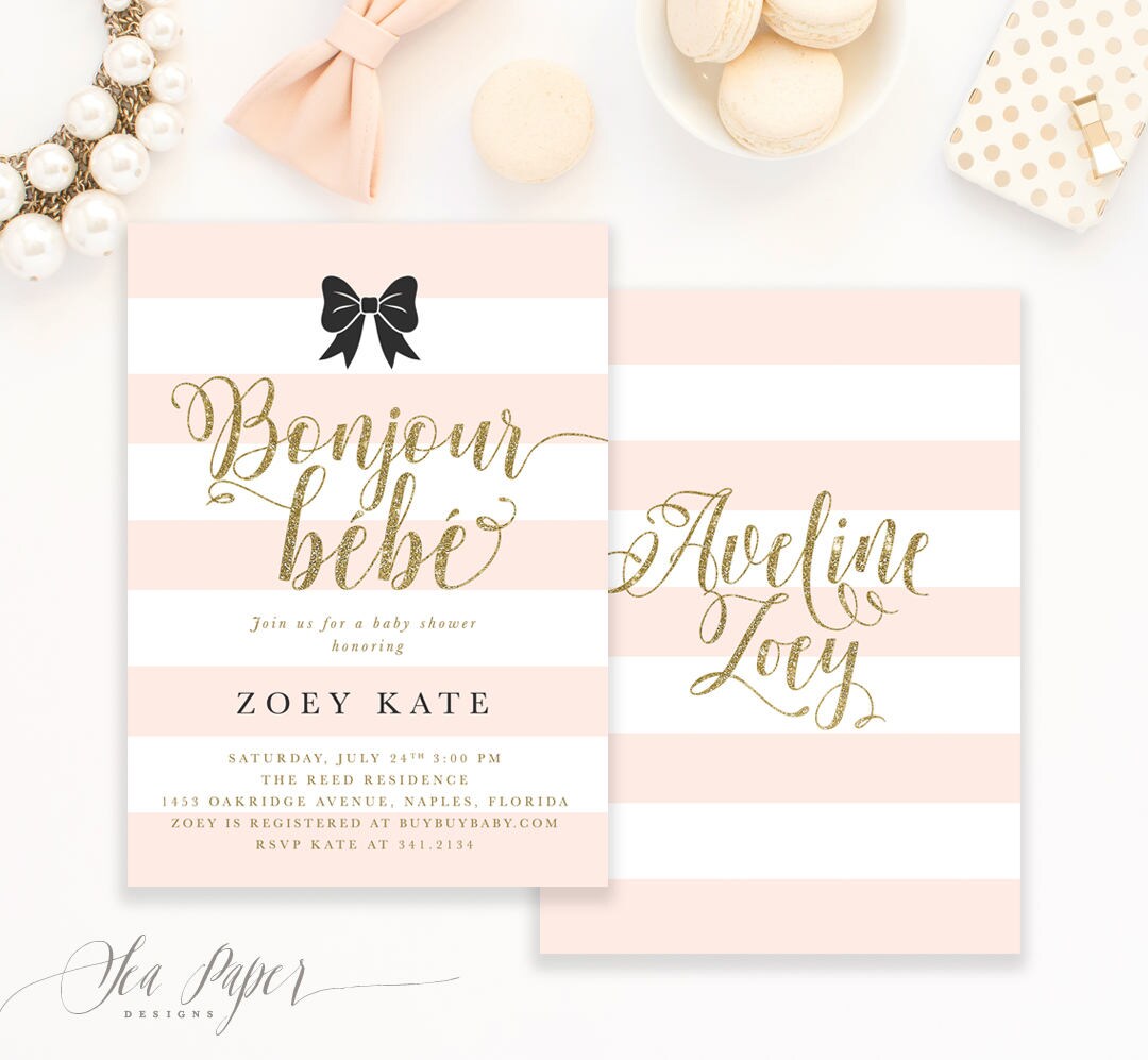 Girl Baby Shower Invitation French, Bonjour Bb Pretty Black Bow, White Stripes, Blush Pink & Gold. Printed Or Digital - Zoey