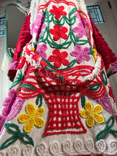 2xl Long "Flaming Flower Basket" Chenille Bathrobe Upcycled From Vintage Hand Tufted Bedspreads