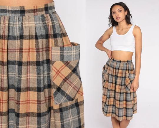 Plaid Midi Skirt 70S 80S School Girl Wool Blend Pleated Tartan High Waist Pockets Boho Preppy Secretary Checkered Retro Vintage Small