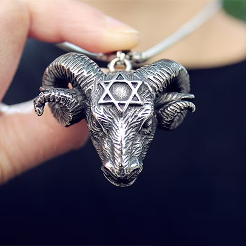 Men's New Fashion 316L Stainless Steel Hexagonal Star Satan Ram Bull Head Pendant Necklace Retro Jewelry Gift