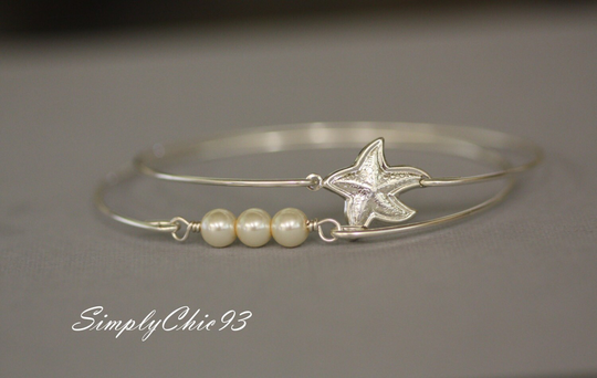 starfish & Three Pearls Gold Bangle Bracelet Nautical Jewelry Set Of Two