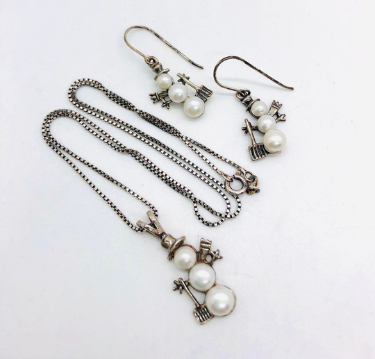 sterling Silver & Genuine Pearl Snowman Necklace Earrings Demi Gemstone Fine Vintage Designer Jewelry