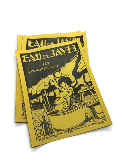 3 Vintage Yellow Eau De Javel Bleach Labels, Laundry Day, Girl Washing Tub Clothesline