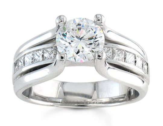 Ladies 14Kt White Diamond Bridge Engagement Ring 0.66 Ctw G-Vs2 Diamonds With 1Ct White Sapphire Center