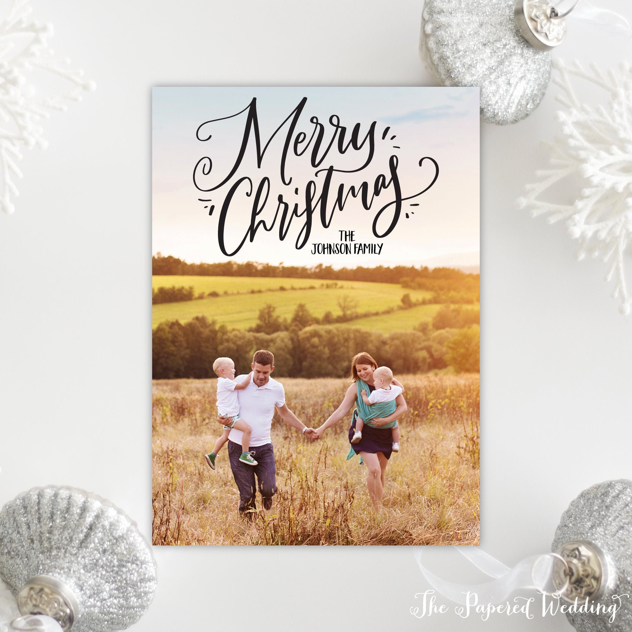 Printable Or Printed Merry Christmas Photo Cards - One Portrait Picture With Hand-Lettered Wording At Top, 063 P1