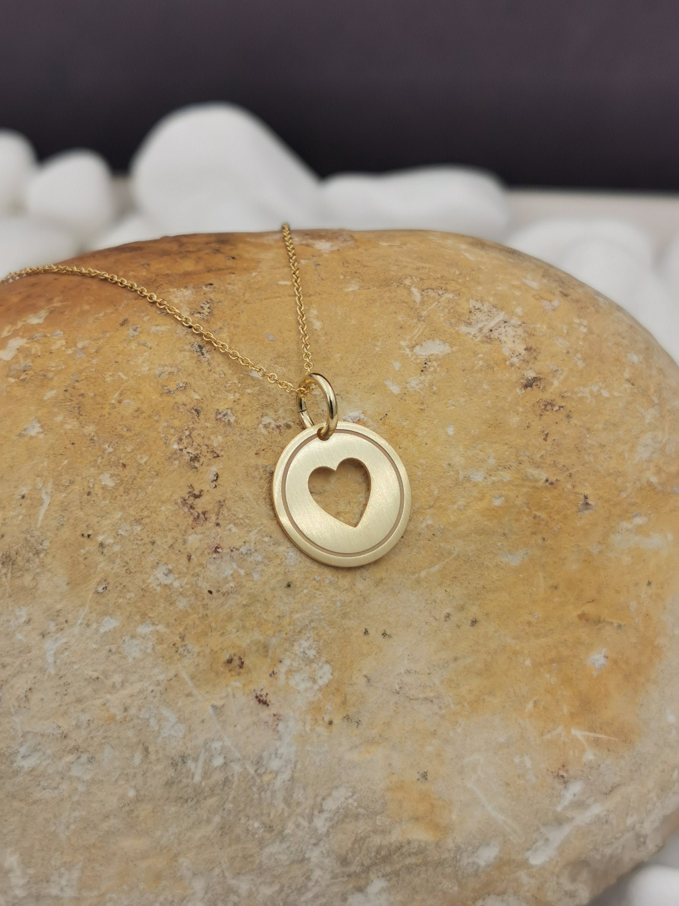 Dainty 14K Solid Gold Heart Necklace, Jewelry, Gift, Brushed Finish Charm, Custom Pendant, Gift For Wife, For Love