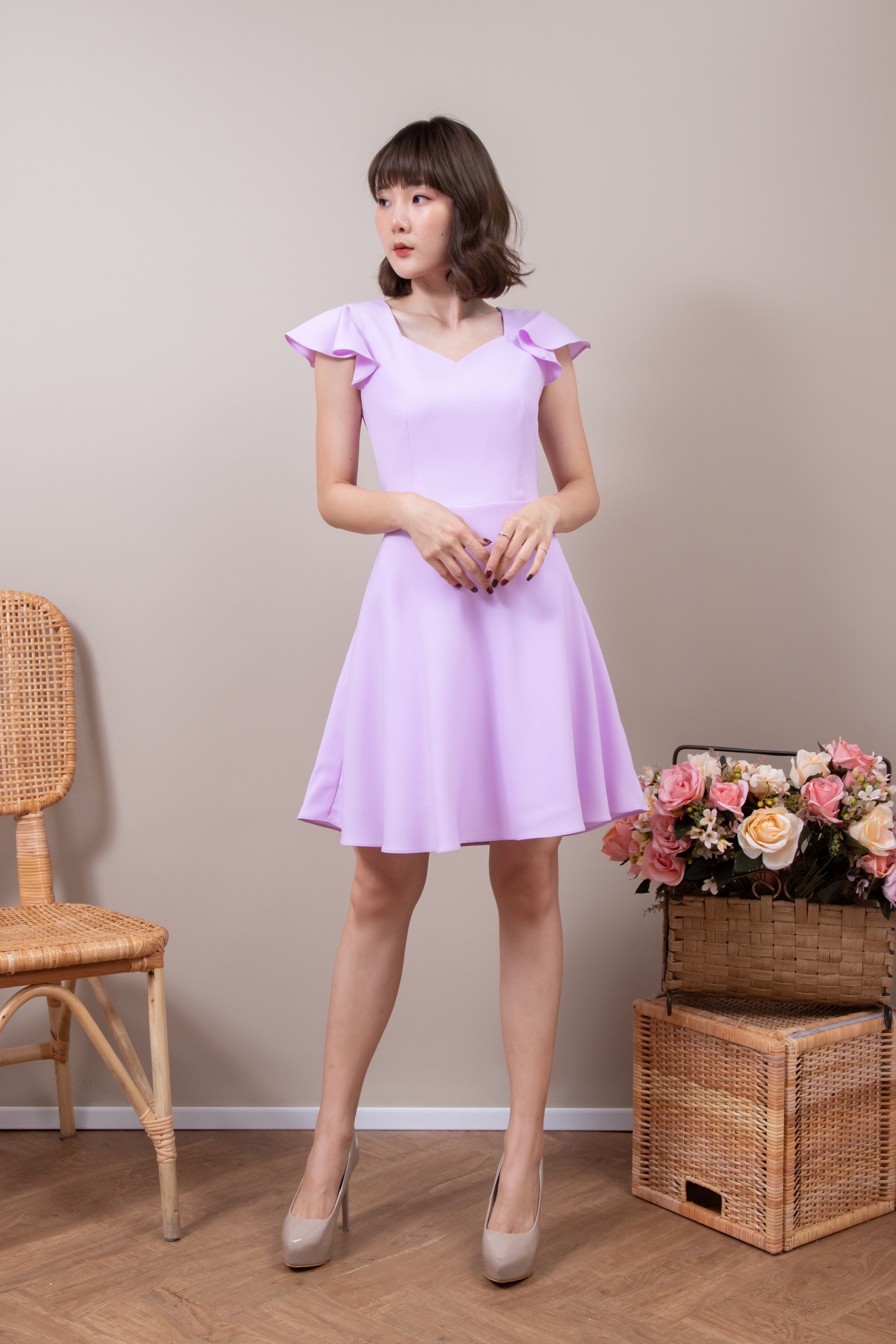 Lavender Dress Wedding Guest Sweetheart Purple Ruffle Sleeve Swing Skirt Vintage Party Bridesmaid Rustic Wedding Prom Pastel Summer Dress