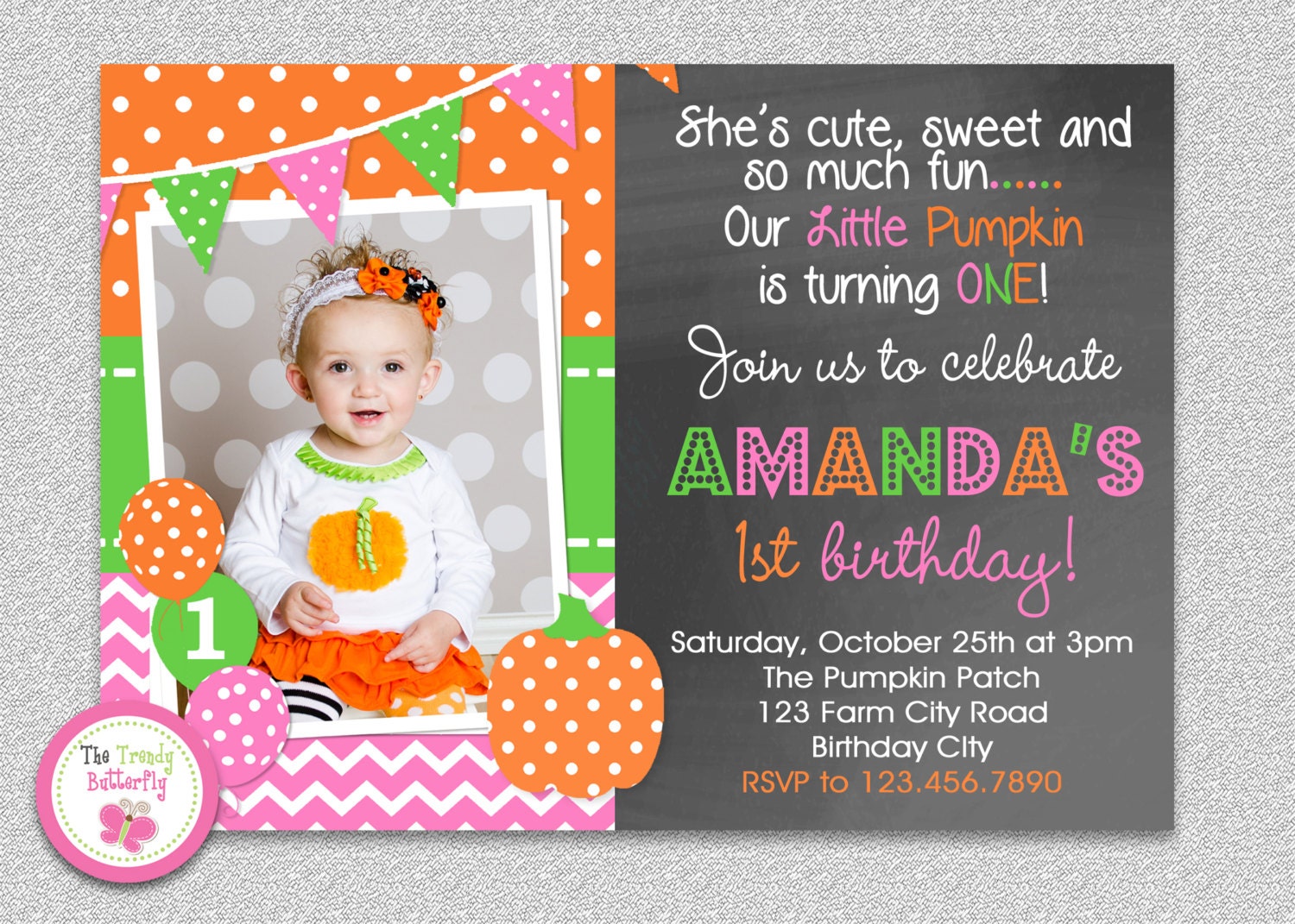 Pumpkin Birthday Invitation , Girls Party Invitation, 1st Party
