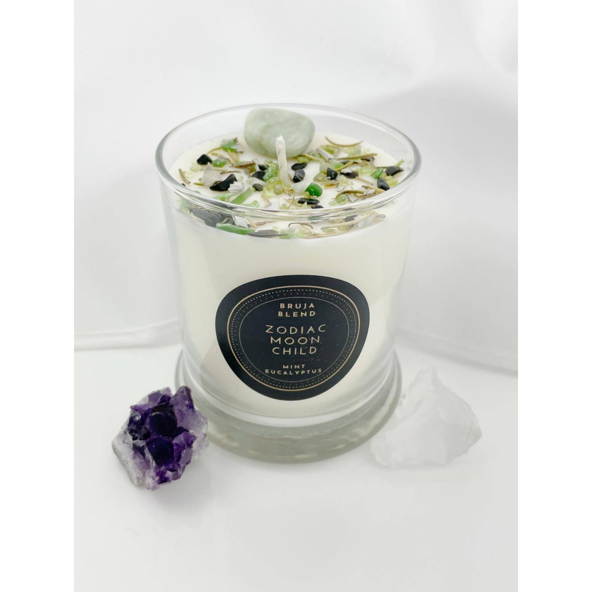 Bruja Blend - Mint Eucalyptus Spiritual Crystal Candle Collection Herb 100% Natural Soy Wax, Zen, Wicca, Spell, Ritual
