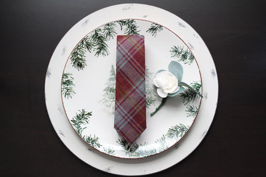 Red Plaid Soft Thin Wool & Cotton Blend Skinny Tie | Men's Necktie Groom Groomsman Wedding Ties