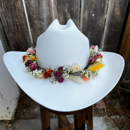 White Stuff Brim Straw Cowboy Hat With Hand Made Flower Crow Band