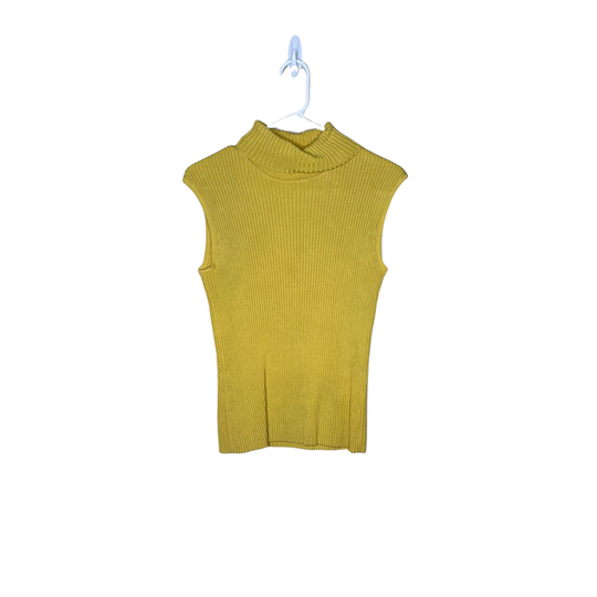 Vintage Chico's Mustard Yellow Silk Blend Ribbed Turtleneck Sleeveless Blouse, Size 1
