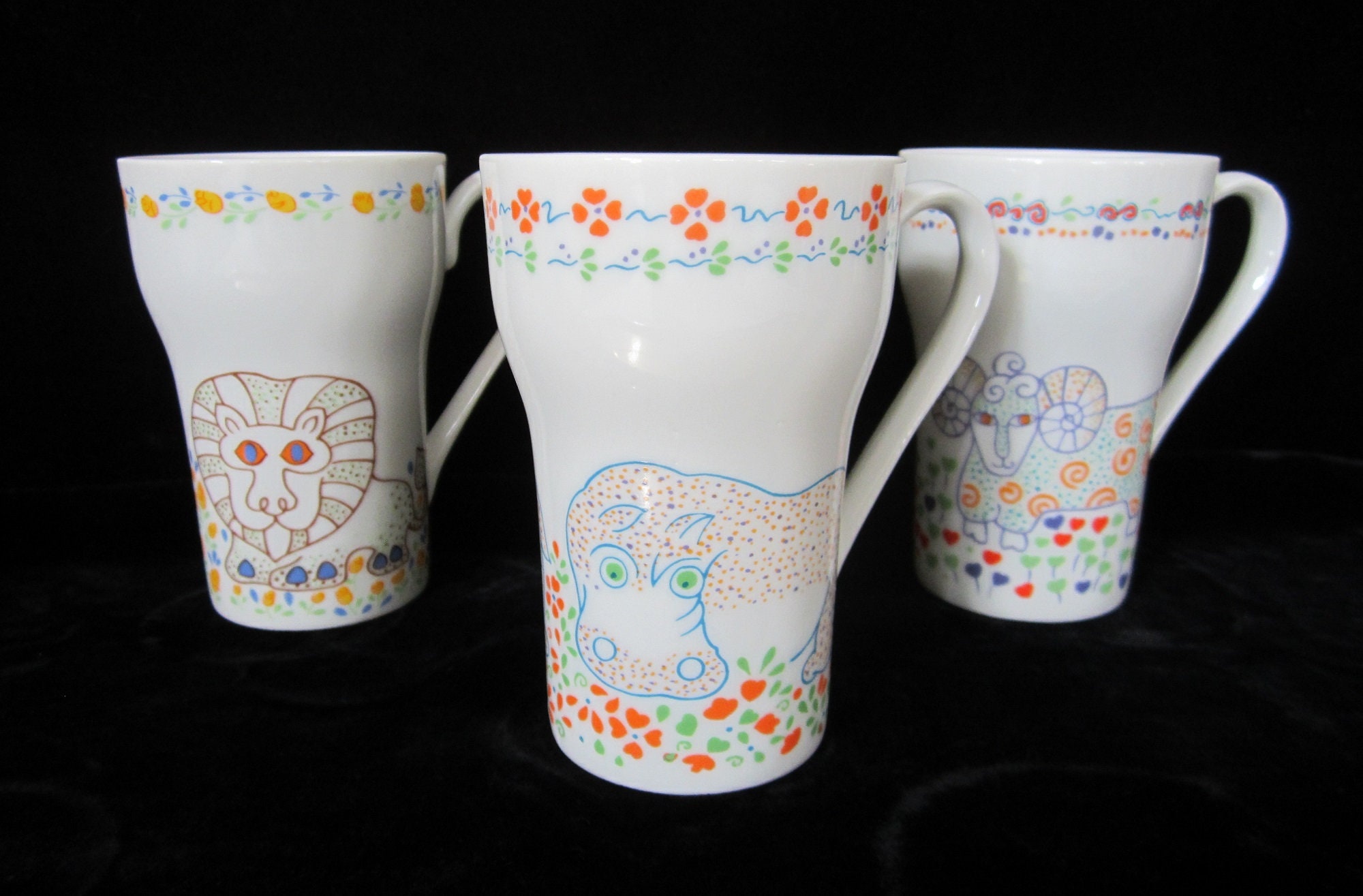 3-Pc Safari By Seymour Mann Coffee Mug Set Vintage 1976 Colorful Lion, Ram & Hippopotamus Illustration Collectible Soda Fountain Form Cups