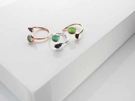 Black Tourmaline & Mood Stone Ring // Copper Bypass Open Electroformed Color Change Jewelry