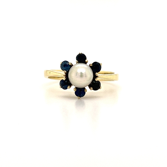 Vintage 14Kyg Solid Yellow Gold Pearl & Blue Sapphire Ring Size 4.75