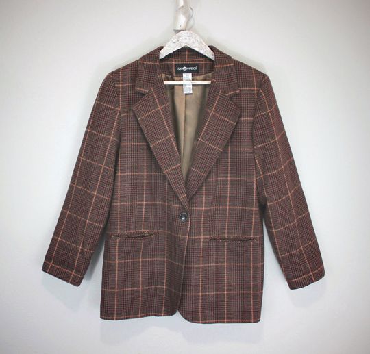 Women's Coffee Wool Blend Window Pane Houndstooth Plaid Menswear Style Blazer, Size 10/Medium Vintage New