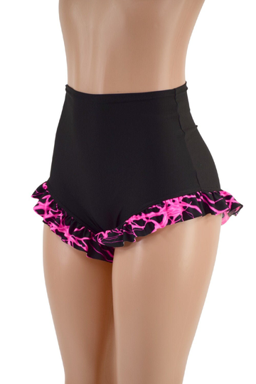 High Waist Siren Shorts With Ruffled Leg, Created in Smooth Black Spandex A Neon Pink Lightning Ruffle 157581