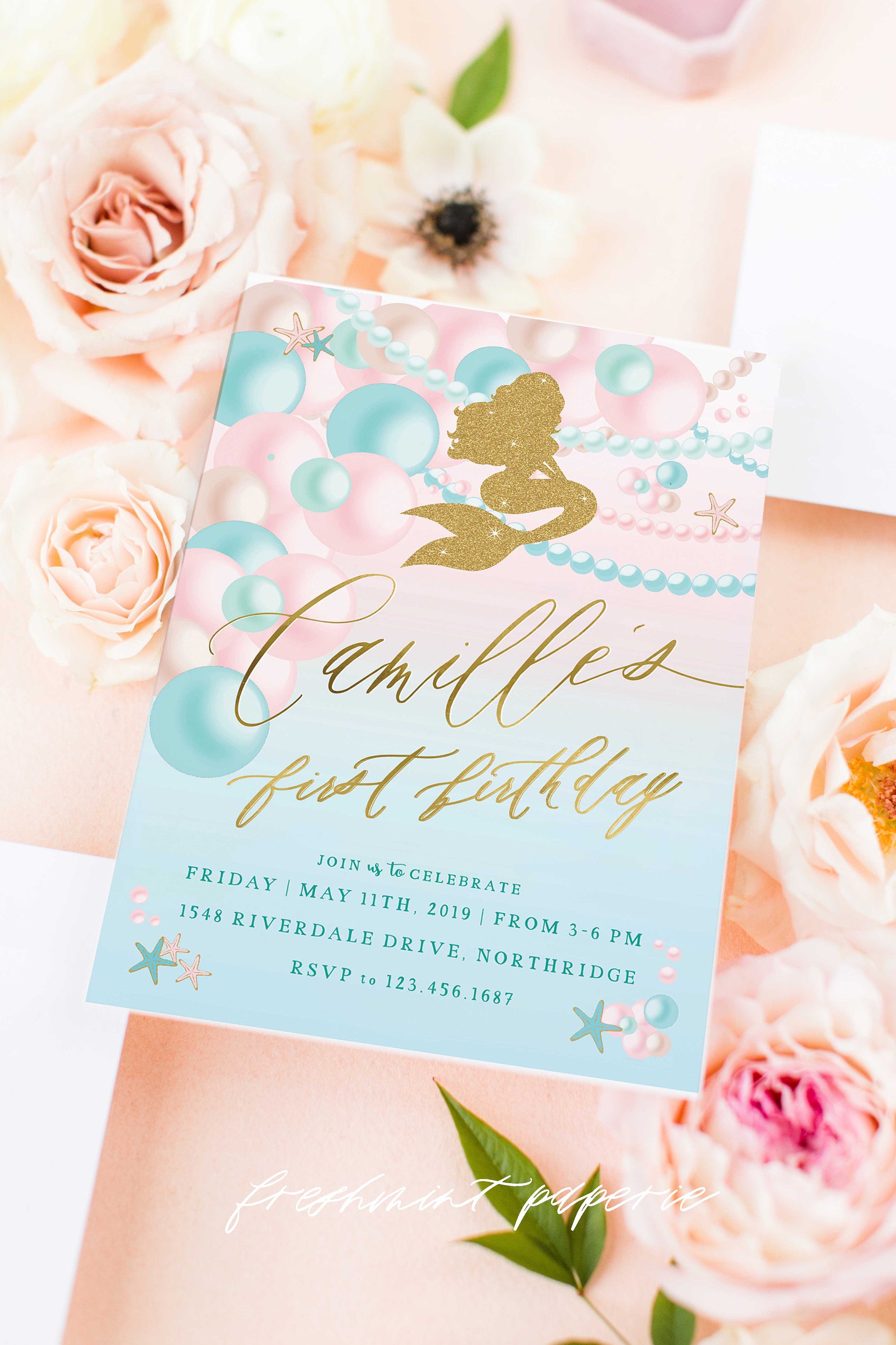 Mermaid Invitation Pretty Mermaid Glitter Pearl Ocean Freshmint Paperie