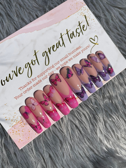 Spring Nails | Press On Fake Nails Butterfly Glow in The Dark Pink Lavender