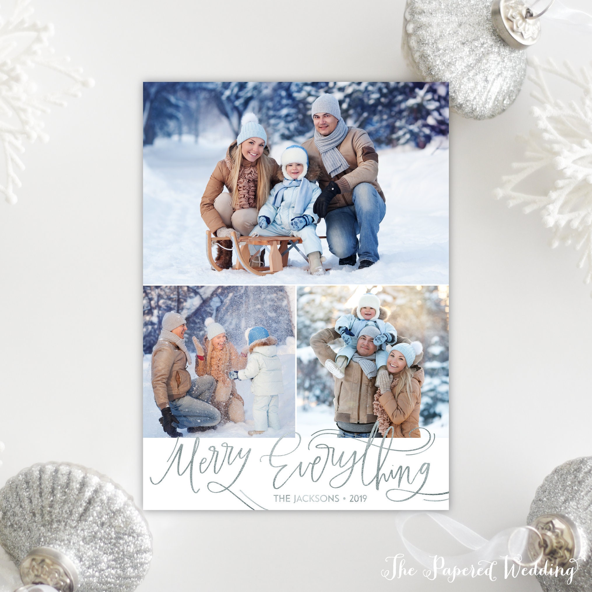 Printable Or Printed Merry Everything Photo Holiday Cards in Faux Silver Foil - Three Picture Christmas Card Modern 059 P3