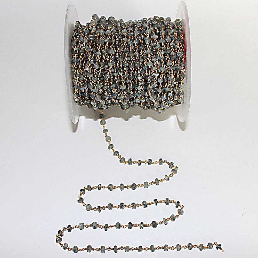 Moss Aqua Beads 3mm Rosary Chain, 24K Gold Plated Over Silver Wire Wrapped Natural Semi Precious Gemstone Jewelry Making Chain For Necklace