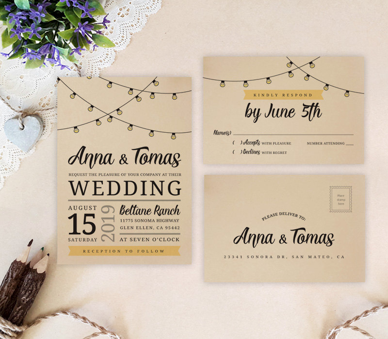 Printed | Simple Rustic Wedding Invitation String Lights, Barn, Outdoor, Cuntry, Summer, Kraft, Custom Invites