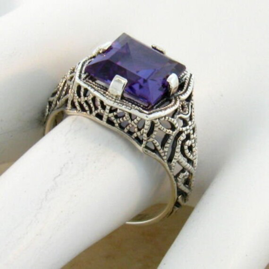 Vintage Estate Color Changing Alexandrite Solitaire Filigree Ring in 925 Solid Sterling Silver 080