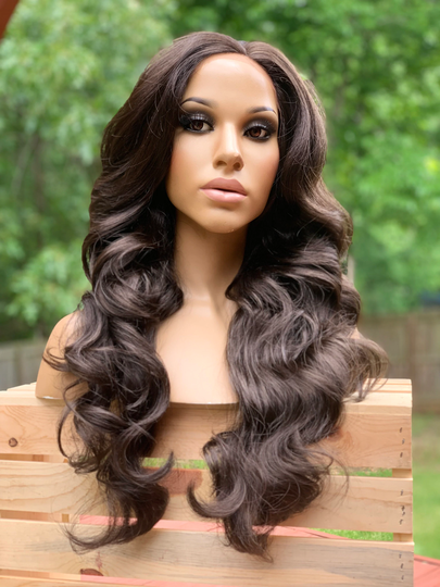 Human Hair Blend Wig 2 Dark Brown Curly Lace Front Wig 4x4" Free Parting