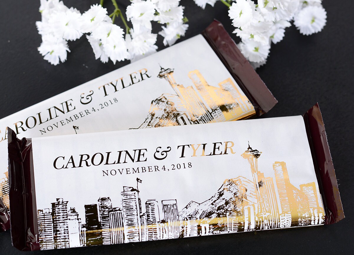 Seattle Wedding Candy Wrappers - 25 Metallic Foil Chocolate Bar Wrappers Labels Custom Stickers #whb-101
