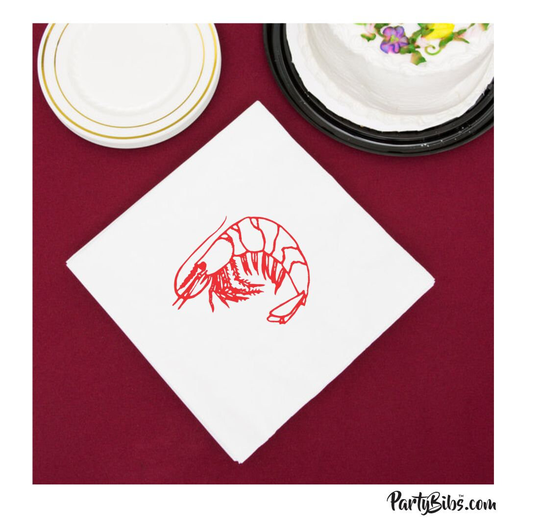 Shrimp Napkins, Pack Of 25-Beverage Cocktail Size-White with One Color Imprint - Great For Parties, Low Country Boils, Seafood Dinners, Prawns
