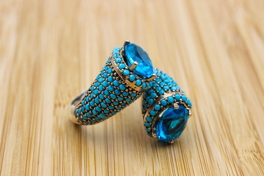 Aquamarine Ring, Turkish Adjustable Silver Ladies Handmade Women Ottoman 925 Sterling Ring