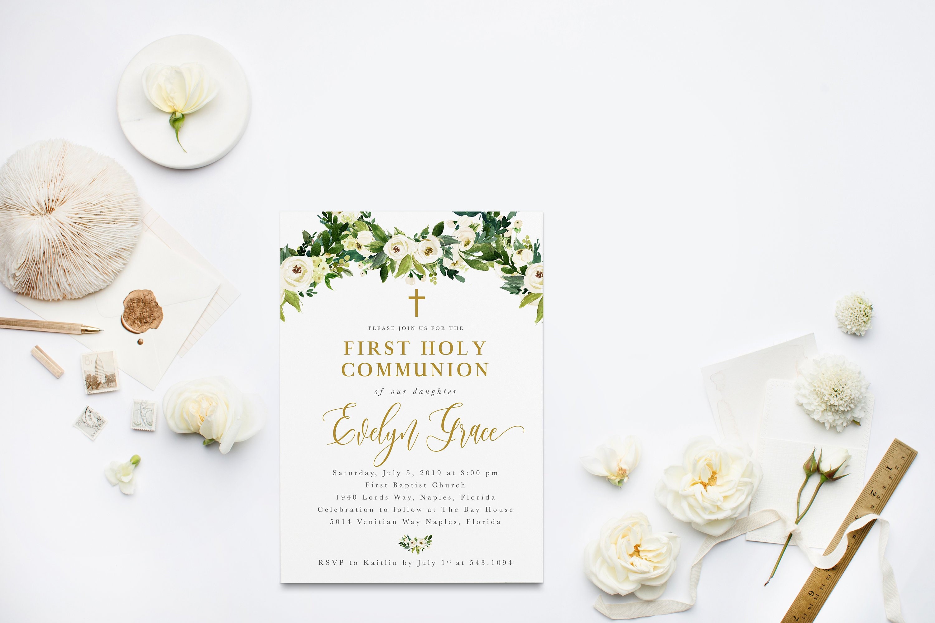 First Holy Communion Invitation, Girl Floral Invite, Greenery & White Invitation - Evelyn