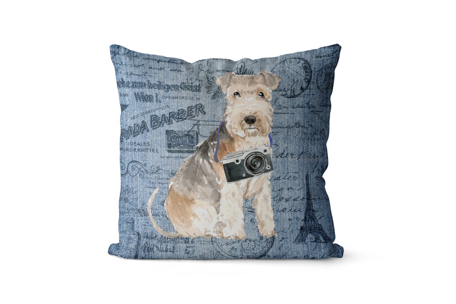 Lakeland Terrier Dog Inspired Throw Pillow - Large Denim Style Cushion With Filling Available in Linen Or Velour. Travel Collection