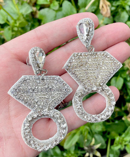 Engagement Ring Earrings/Rhinestone Silver Gold Bride Gift Wedding Party Married Marriage Large Statement Jewelry